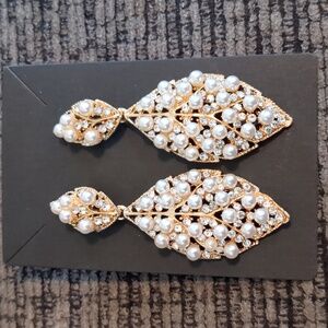 Gold Leaf Pearl & Rhinestone Cluster Drop Earrings • Sparkly Statement Dangle •
